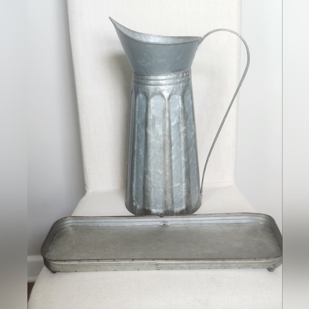 Vintage Style Galvanized Metal Pitcher and Tray